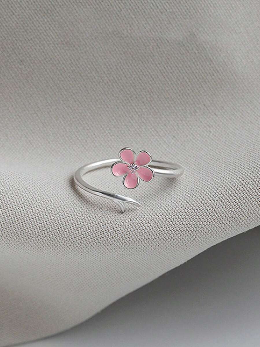1pc Elegant Minimalist Pink Peach Blossom Ring, Versatile Sweet Floral Ring For Friends, Students - Antique Silver - View 1