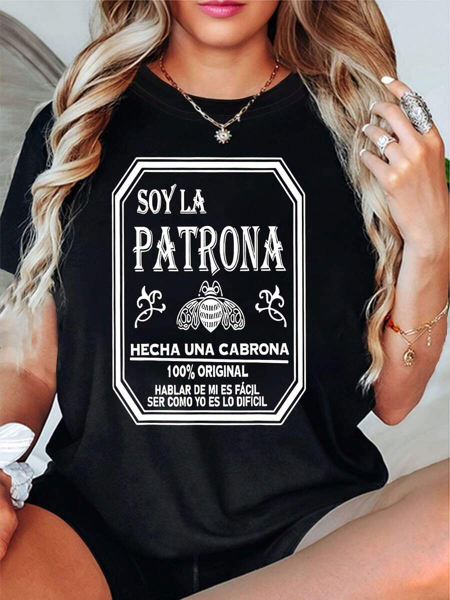Women's Empowerment T-Shirt "Soy La Patrona" In Spanish - Original Design With Mexican Phrase And Floral Bee Graphic, Loose Fit, Crew Neck, Casual Streetwear, Medium Stretch, Machine Washable, Plus Size S-.Jpg, Great Halloween Gift - 黑色 - 查看 1