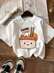 Women's Casual Summer T-Shirt, Women's Summer Clothes, Short Sleeve T-Shirt, Modern Y2k Style, Casual Sporty, With Cartoon Sushi Print SUSHI TIME, Round Neck T-Shirt With Creative And Fashionable Letter Print. - 白色 - 查看 12