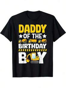 100% Cotton Construction Theme T-Shirt For Dad Of The Birthday Boy – Black With Yellow And White Print, Crew Neck, Short Sleeve, Casual Fit For Men And Family Birthday Gifts, Birthday T-Shirt, GANMIA - 黑色 - 查看 1