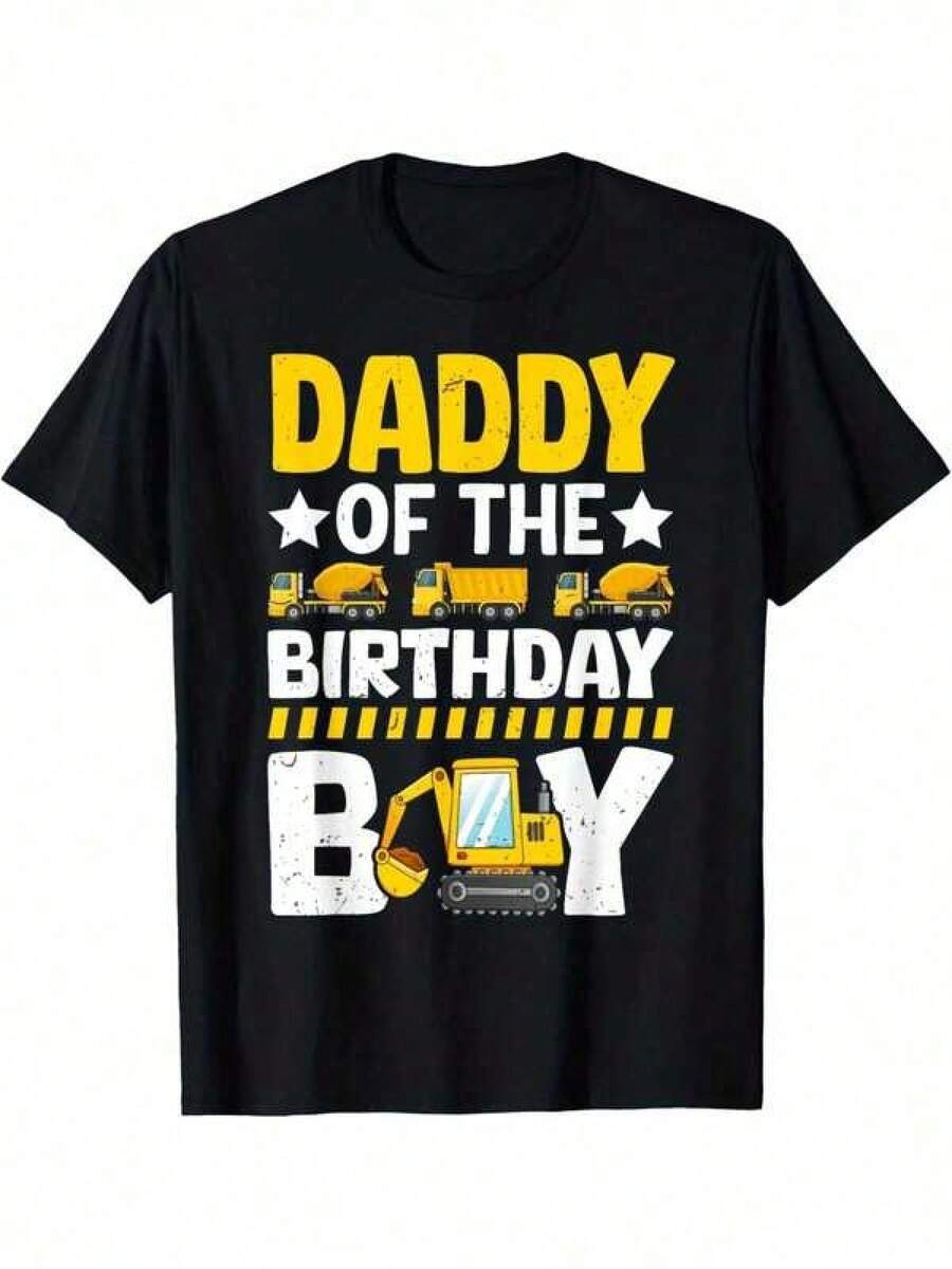 100% Cotton Construction Theme T-Shirt For Dad Of The Birthday Boy – Black With Yellow And White Print, Crew Neck, Short Sleeve, Casual Fit For Men And Family Birthday Gifts, Birthday T-Shirt, GANMIA - 黑色 - 查看 1