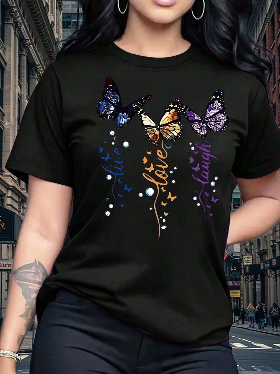Women's Short Sleeve T-Shirt, Dreamy Colorful Butterfly Pattern Print, Vintage Elegant Exquisite Cute Sexy Sweet Style Round Neck Top, Regular Fit, Women's Gift Birthday Gift, Commuting T-Shirt Party T-Shirt, Soft And Comfortable Fabric - 黑色 - 查看 1
