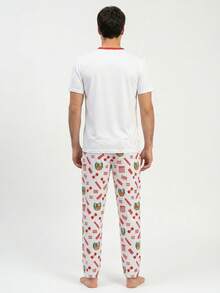 Men's Pajama Set, Peru Team Colorblock Print Short Sleeve Long Pants, Comfortable Minimalist Loungewear Football - White - View 2
