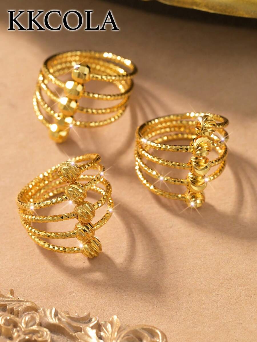 KKCOLA 1 chiếc nhẫn rỗng nhiều vòng phóng đại thời trang với hạt và hạt có rãnh, quà tặng dự tiệc, lễ hội, trang sức, phụ kiện trang sức phổ biến, bán chạy nhất Trung Đông & Malaysia - Vàng - Xem 1