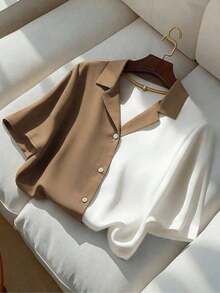 Blusa casual holgada de manga corta con cuello y estampado floral para mujer - Café integral - Ver 3