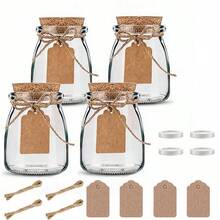 4 Stücke Mini Joghurtgläser, 100ml, mit weichen Korkdeckeln, Pudding-Behälter mit Deckeln, Hochzeitsgeschenk-Gläser, Honigtöpfe mit Etiketten und Seilen - Übersicht 1