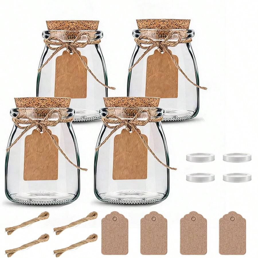 4 Stücke Mini Joghurtgläser, 100ml, mit weichen Korkdeckeln, Pudding-Behälter mit Deckeln, Hochzeitsgeschenk-Gläser, Honigtöpfe mit Etiketten und Seilen - Übersicht 1