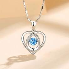 Korean Sterling Silver 925 Heart Shaped Crystal Necklace And Bracelet Set For Women, Vintage Party Jewelry, High-End Gift. - 藍色項鍊 - 查看 12