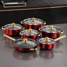 12PCS Red Induction Non Stick Stainless Steel Cookware Cooking Pot Pan With Lids Set - View 10