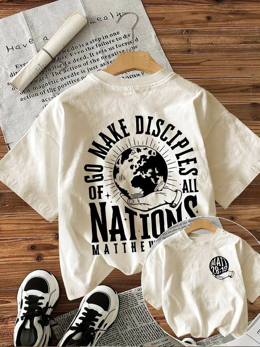 Short-Sleeved T-Shirt With Round Neck, % Cotton [Double-Sided Print], Vintage Style With Earth Hand Go Make Letter Print, Suitable For All Seasons, Can Be Used As A Base Layer In Spring And Autumn Or Alone In Summer, Unisex Style, Modern Heavy Cotton Cityboy Style Top. - 杏色 - 查看 1