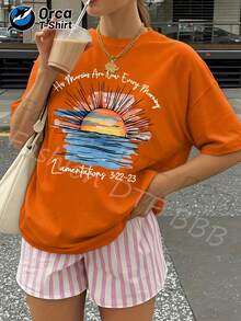 Women's Casual Summer T-Shirt, New Collection, Sunrise And Script Print, Regular Fit, 100% Cotton, 180 Gsm, Orca Brand. Suitable For Summer Leisure, Outdoor Activities, Sports, Vacations, Gifts, And Other Occasions. - 黑色 - 查看 11