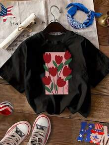 Letter Print T-Shirt, Short Sleeves And Round Neck, Casual Top For Summer And Spring, Women's Clothing - 黑色 - View 7