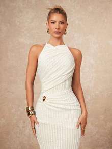 xheLumalex Vestido ajustado con cuello redondo, fruncido y decoración metálica cruzada para mujeresxhe - Albaricoque 2 - Ver 4