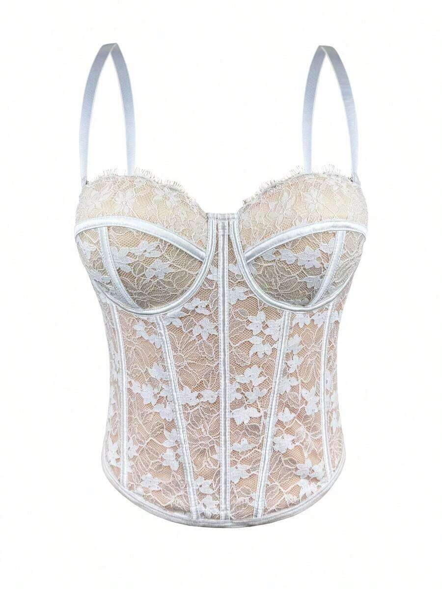 Corsé de encaje negro con adorno floral, prenda moldeadora casual de verano para mujer - Albaricoque - Ver 1