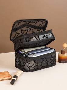 1pc Mesh Cosmetic Bag, Double Layer Large Capacity Storage Bag, Fashion Toiletry Makeup Pouch - Black - View 8