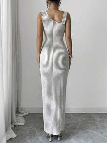 Elenzya Vestido de verano nuevo a rayas sin mangas para mujer, vestido a rayas con hebilla metálica asimétrica en el lateral, estilo europeo y americano ajustado y estilizante con hebilla asimétrica lateral y largo - Albaricoque 2 - Ver 2