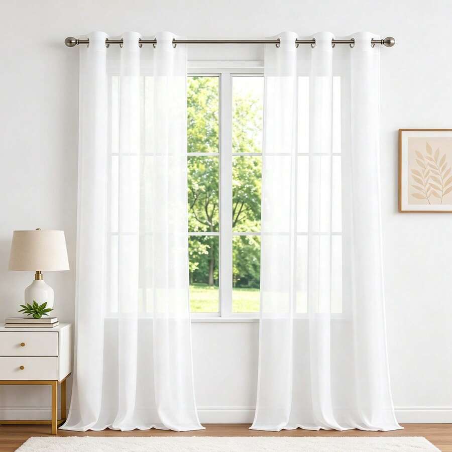 Set Of 2 Solid Color Sheer Curtains, Lightweight Light Filtering Curtains With Grommets, Semi-Transparent Curtains For Bedroom, Living Room, Patio And Outdoor Use - 白色 - 查看 1