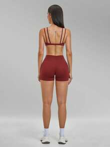MFVIM Women's Nude Feel Triangle Cup Bra Thin Non-Wired Sports Set Backless Spaghetti Strap Fitness 2-Piece Set - Burgundy - View 10