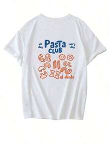 180g Pure Cotton Women's T-Shirt. "Pasta Club" Fun Print, White Base With Blue-Orange Colors, Loose Short-Sleeve. Ideal For Daily Casual Wear - 白色 - 查看 3