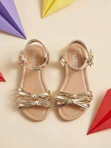 1 Pair Girls' Gold Mirror Luxury Sandals, Dual 3D Bow Strap, Children's Hook And Loop Rhinestone Pendant Metal Buckle Flat Sandals, Suitable For Party, Performance, Gathering, Birthday, Matching Outfits - Rose Gold - View 4