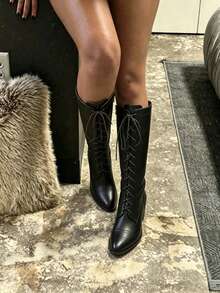 Women's Easter Leather Black Mid Calf Boots Lace Up Chunky Heel Vintage Combat Heeled Dress Casual Boots Country Concert Combat Boots For Women - 黑色 - 查看 4
