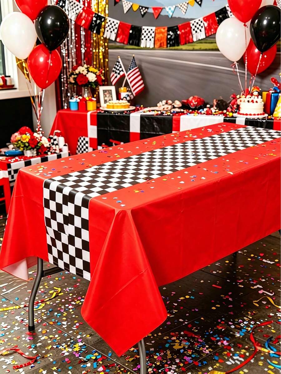 1pc Racing Car Theme Tablecloth, Red & Black Racing Car Design Table Cover, Baby Shower Party Tablecloth, Racing Car Theme Birthday Party Decor, Gender Reveal Party Table Decor, Racing Car Theme Party Supplies, Racing Game Desk Decor, Baby Teething Party Decor, Newborn Welcome Party Table Flag, Racing Car Room Decor, Home Decor, Outdoor Disposable Tablecloth, 1st Birthday Gift