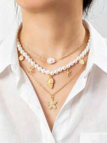 3pcs/Set Layered Seashell Pendant Necklace, Jewelry For Teenagers - Style 1 - View 1