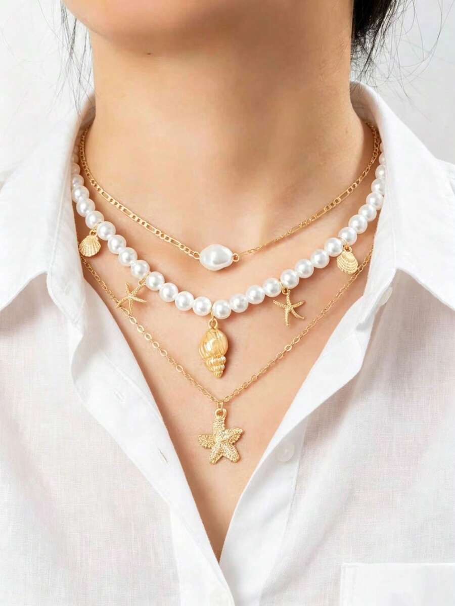 3pcs/Set Layered Seashell Pendant Necklace, Jewelry For Teenagers - Style 1 - View 1