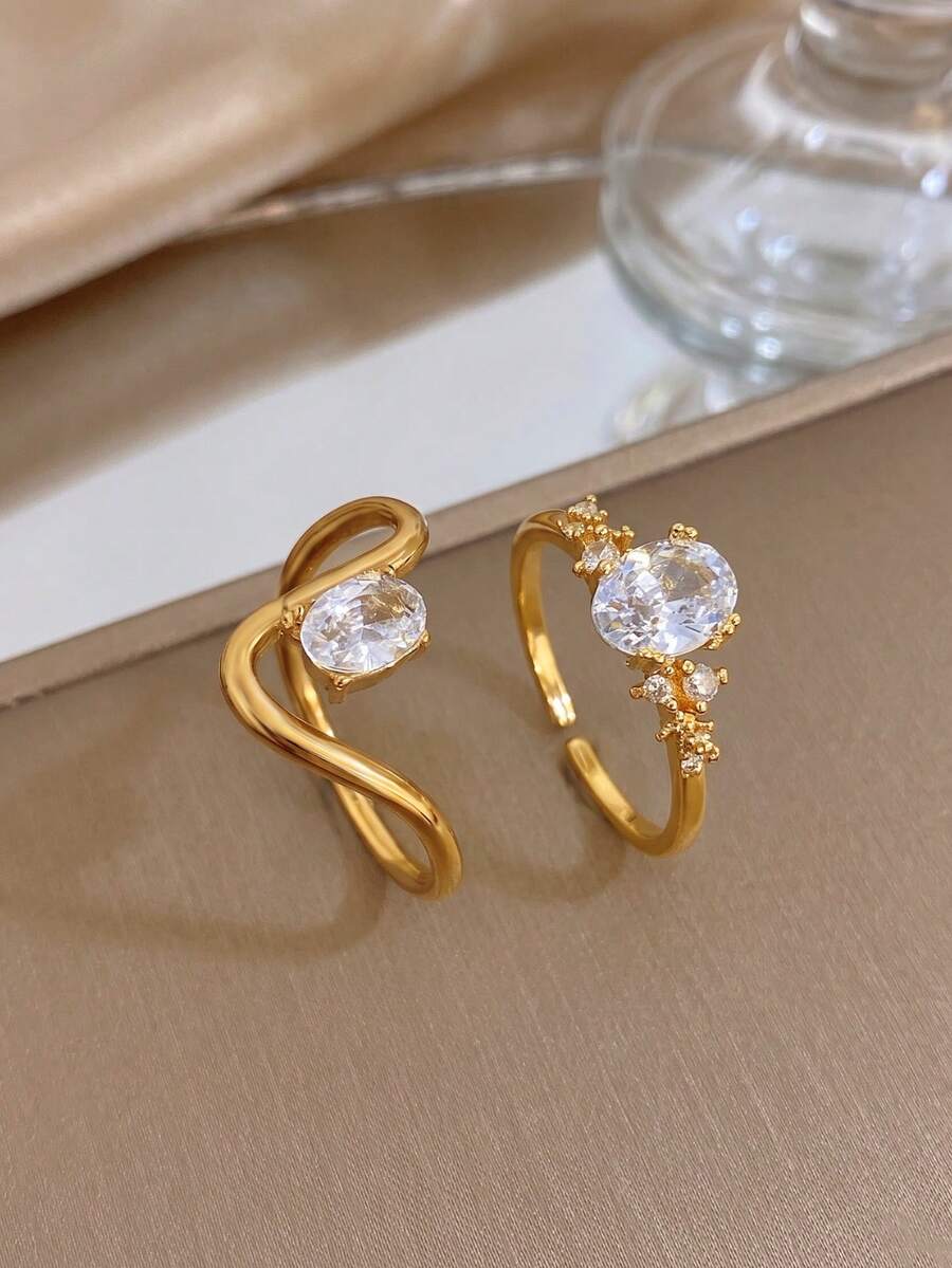 18K Gold Plated Stainless Steel, Single Peak White Diamond Inlaid Gold Ring, Women's Ring, Designer Jewelry, Personalized Ring, High Quality Luxury Jewelry, Adjustable Ring, Gold Plated Ring, Suitable For Daily Wear, Dating, Party, Vacation, Graduation Season, Summer Jewelry, Women's Beach Accessories, Girlfriend Gift, Birthday Gift, Bohemian Jewelry - Multicolor - View 1