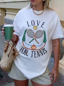 Women's 100% Cotton Summer Top, Tennis Love Print, Comfortable, Loose-Fitting, Heavy, Breathable, American College Style, Short Sleeves, Perfect For Tennis And Summer Outings With Friends. - 白色 - 查看 5