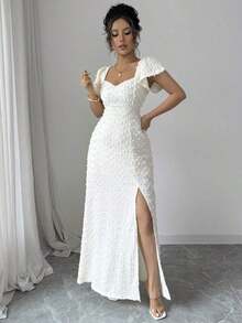 Vestido largo elegante y delgado de unicolor con espalda descubierta, lazo y mangas de loto con abertura alta, para vacaciones y citas en primavera/verano - Albaricoque - Ver 3