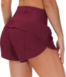 Womens High Waisted Running Shorts Quick Dry Athletic Workout Shorts With Mesh Liner Zipper Pockets - Burgundy - View 2