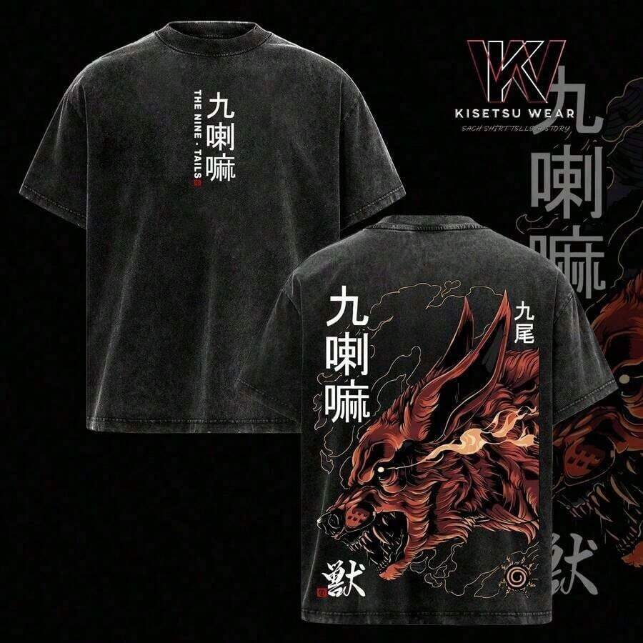 Nine Tails Fox T-Shirt – Oversized Vintage Style T-Shirt Inspired By The Anime Kurama, With Graphic Print, Made Of Heavyweight Acid-Washed Cotton, Unisex Streetwear, Casual Anime Print T-Shirt, Gift For Anime Fans, Summer Wear For Women And Men. - 白色 - 查看 1