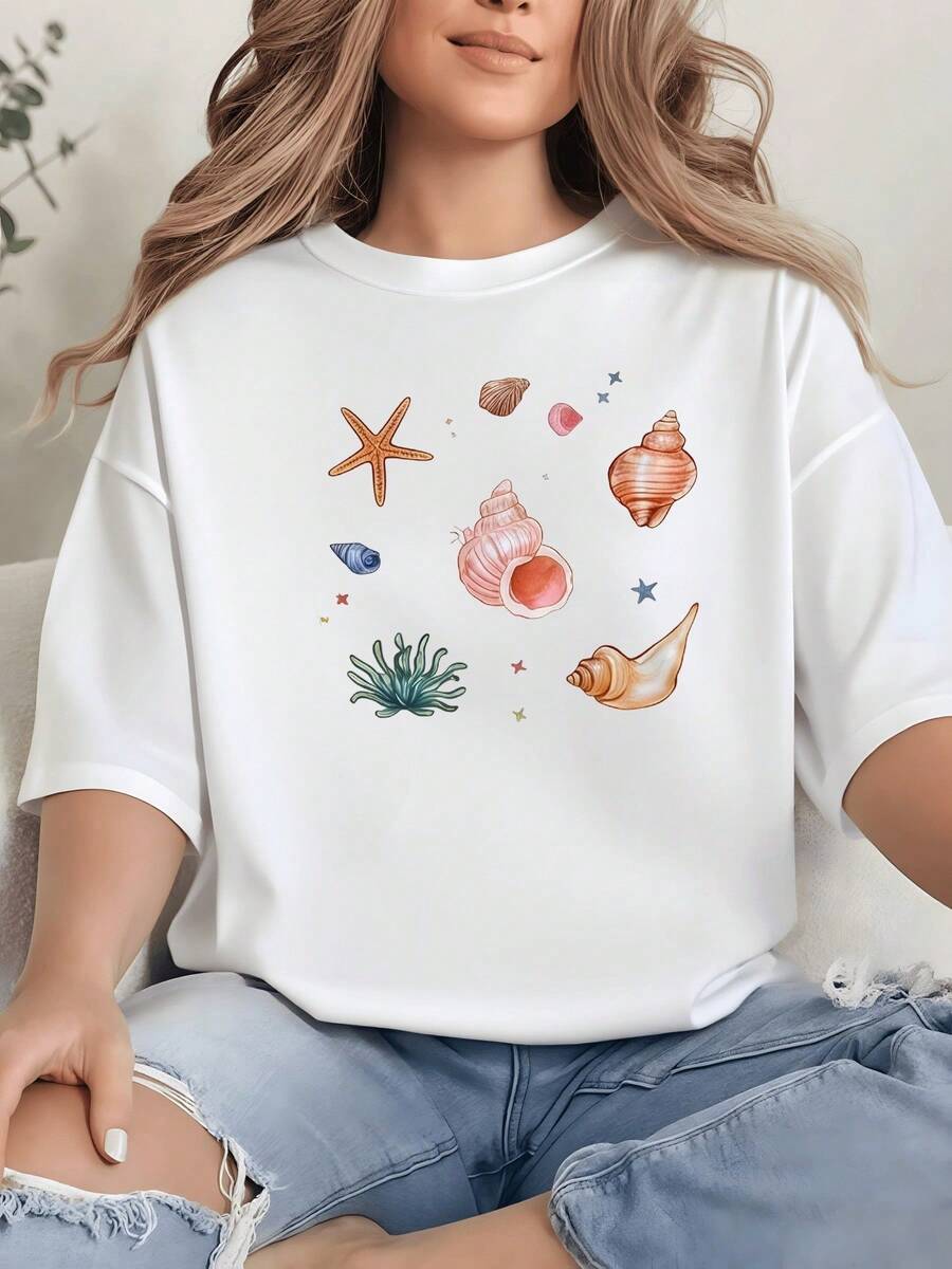 Seashells And Starfish Evoke The Serenity Of The Ocean And The Natural Beauty Of The Seabed. A Comfortable, Casual, Short-Sleeved Women's T-Shirt, Perfect For Summer. - 白色 - 查看 1