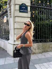 Summer Polka Dot Set With Open Back – Stylish 2-Piece Set For Holidays And Everyday Wear - 深灰色 - 查看 4