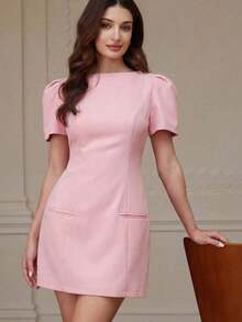 Vestido de manga larga de unicolor con bolsillo plisado, diseño de moda casual - Rojo - Ver 9