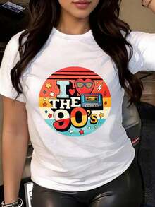 Women's Clothing 1pc Women's T-Shirt With 90s Retro Print, Casual Round Neck T-Shirt For Women, Lightweight Fabric, Machine Washable, For Spring, Summer, Autumn, Suitable For Valentine's Day, Thanksgiving, New Year, Women's Shirts - 白色 - 查看 4