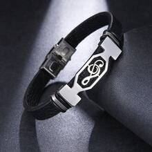 1pc Fashionable Stainless Steel & Leather Music Note Cuff Bracelet, Suitable For Men's Daily Wear - Black - View 4