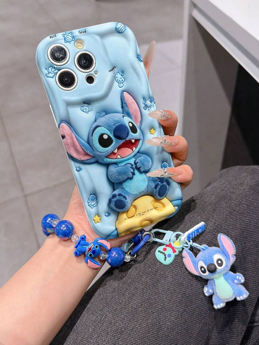 Disney Has Authorized, Phone Case - Chain Set, The Stitch Lilo & Stitch 3D Phone Case Plus A Silicone 3D Stitch Bracelet With Metallic Ring Removable Bracelet, Stitch And Angel Pattern, Compatible With Iphone17/16/15/14/13/12/11/XS/XR/X Plus Pro Max, A Stylish Cartoon Phone Case, The Perfect Gift Choice, Phone Protection, Durable Phone Cover, Great Gift For Friends And Family. - White - View 1
