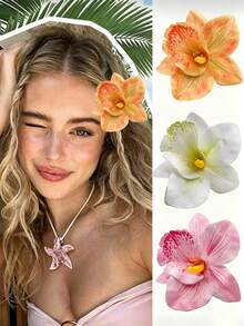 3pcs/1 pièce 12cm/4.72in Pinces à cheveux fleurs pour femmes, blanc/rose/jaune tie dye faux floral, accessoires capillaires élégants minimalistes polyvalents et à la mode, convient pour le quotidien, décontracté, fête, plage, queue de cheval, chignon, lavage du visage, maquillage, pinces à cheveux - Multicolore - Voir 8
