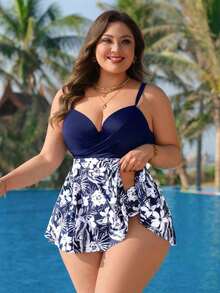 Swim Lushoire Bañador tipo tankini con diseño cruzado y estampado floral para tallas grandes, ideal para la playa en verano - Azul - Ver 4