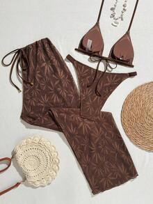Swim Vcay Conjunto de 3 piezas de traje de baño para mujer, primavera/verano 2026, incluye traje de baño, shorts de baño, falda, tela especial, conjunto de traje de baño elegante y casual para playa y resort - Rojo - Ver 2