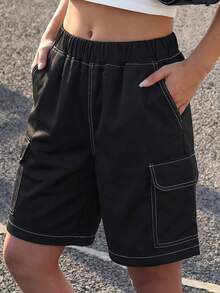 1 pieza Shorts tipo bermuda deportivos casuales personalizados con múltiples bolsillos para niñas adolescentes, primavera verano otoño - Negro - Ver 7