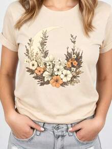 Y2K Style, Fashionable Style, 2026 Newest, Cute Style, Casual Style. Women's Short-Sleeved T-Shirt With Moon And Flower Print For Summer, Casual Graphic Shirts For Women, 180g (S-XXXL) - 杏色 - 查看 9