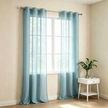 Set Of 2 Solid Color Sheer Curtains, Lightweight Light Filtering Curtains With Grommets, Semi-Transparent Curtains For Bedroom, Living Room, Patio And Outdoor Use - 湖藍色 - 查看 4