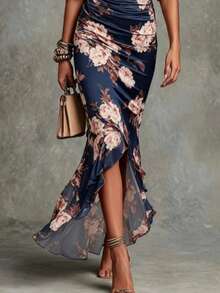 Vestido largo estampado cuello V ajustado con volantes elegante - Azul - Ver 3