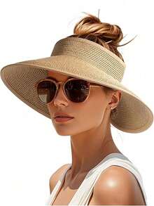 1pc Adjustable Solid Color Wide Brim Rolled Brim Sun Hat For Women, Fashion Summer Sunshade - Multicolor - View 9