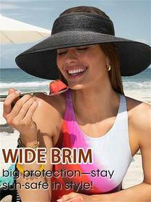 1pc Adjustable Solid Color Wide Brim Rolled Brim Sun Hat For Women, Fashion Summer Sunshade - Multicolor - View 5