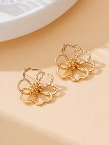 1 Pasang Anting Tusuk Bunga Berongga Garis Emas Gaya Liburan Pantai Musim Panas untuk Wanita - Yellow Gold - View 3