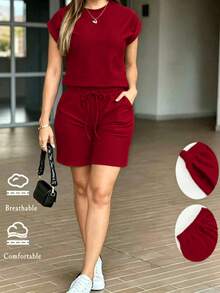 Conjunto de 2 shorts para mujer de unicolor con bolsillo y cordón, ropa de ocio para el hogar, primavera verano rojo - Rojo - Ver 2